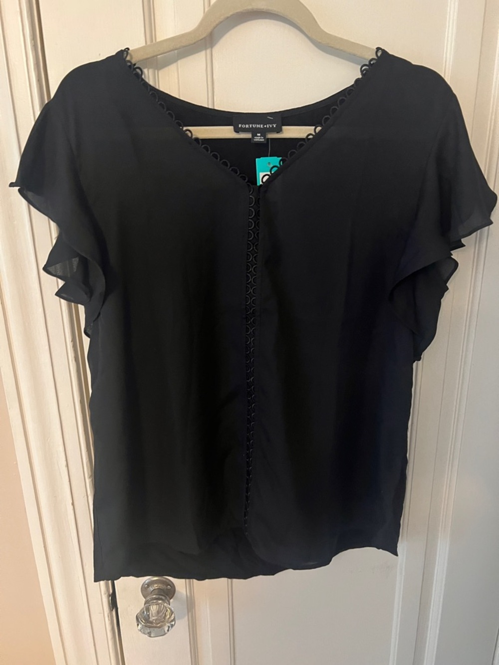 Fortune + Ivy Black Ruffle Sleeve V-Neck Blouse